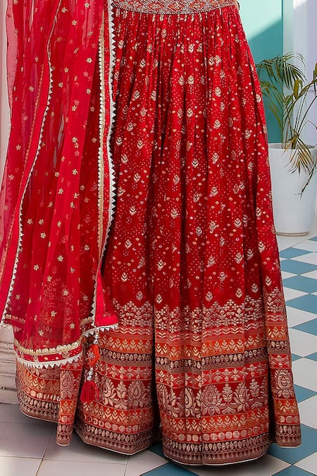 Shop_Jiya By Veer Design Studio_Orange Jacquard, , Chanderi Beads, Cut Work Bandhani Woven Lehenga Set _Online_at_Aza_Fashions