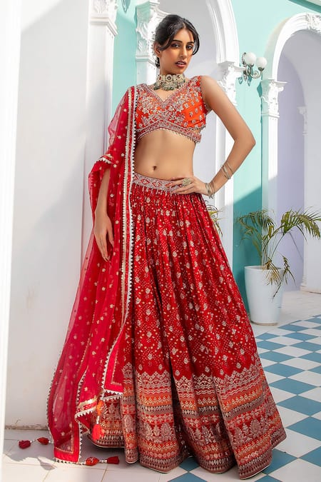 Jiya By Veer Design Studio_Orange Jacquard, , Chanderi Beads, Cut Work Bandhani Woven Lehenga Set _at_Aza_Fashions