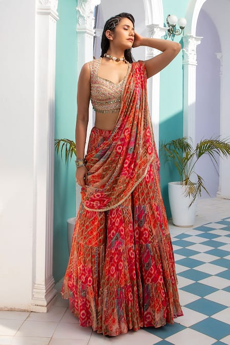 Red Printed Ruffle Saree with mirror embroidered Blouse – Mongas