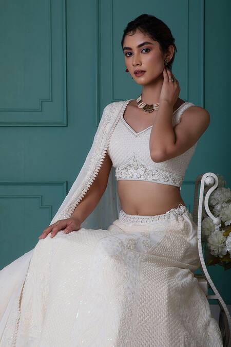 Jiya By Veer Design Studio Off White Brocade Embroidery, Sequins Collared Lehenga Set Online at Aza Fashions Jiya By Veer Design Studio_Off White Brocade Embroidery, Sequins Collared Lehenga Set _Online_at_Aza_Fashions