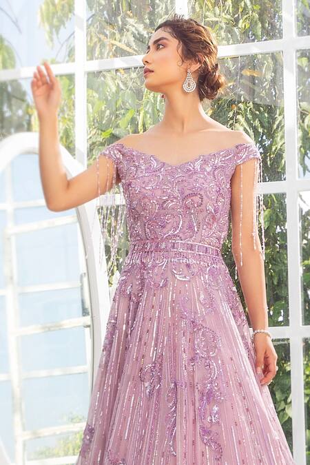 Jiya by Veer Design Studio_Purple Organza Sequins, Metallic Thread V-neck Off Shoulder Embroidered Gown _Online_at_Aza_Fashions