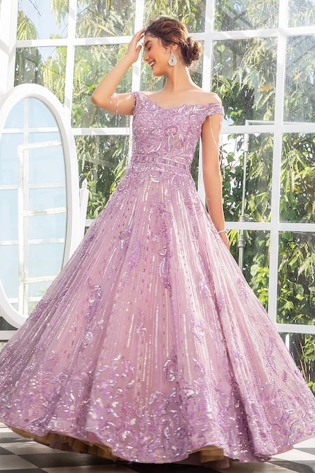 Buy_Jiya by Veer Design Studio_Purple Organza Sequins, Metallic Thread V-neck Off Shoulder Embroidered Gown _Online_at_Aza_Fashions