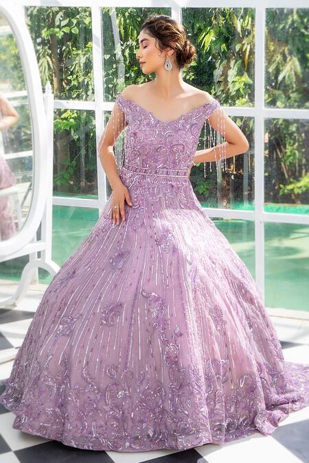 Shop_Jiya by Veer Design Studio_Purple Organza Sequins, Metallic Thread V-neck Off Shoulder Embroidered Gown _Online_at_Aza_Fashions