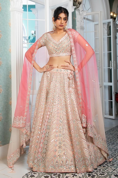 Peach Ombre Lehenga in Raw Silk with Sequins Embroidery - PCCEF1539...