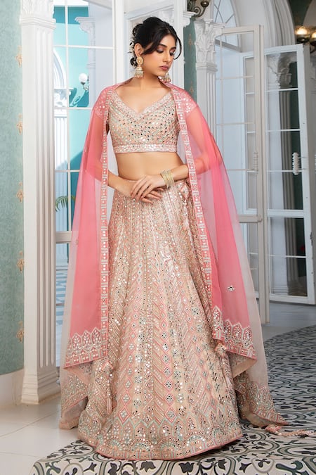 Buy Peach Organza Embroidery Thread V Neck Mirror Bridal Lehenga Set For  Women by Jiya by Veer Design Studio Online at Aza Fashions.