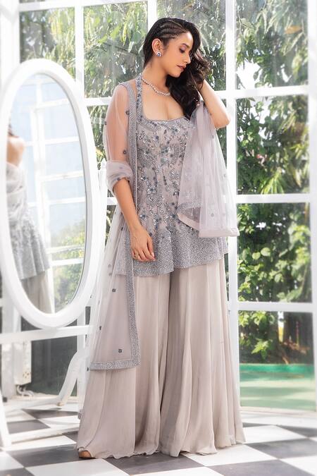 Jiya by Veer Design Studio_Grey Net Beads, Stones, Embroidery Halter Neck Kurta Sharara Set _Online_at_Aza_Fashions