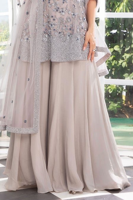 Jiya by Veer Design Studio_Grey Net Beads, Stones, Embroidery Halter Neck Kurta Sharara Set _at_Aza_Fashions