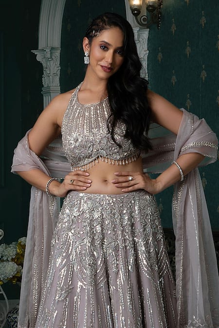 Buy_Jiya by Veer Design Studio_Grey Organza Crystals, Sequins, Cut Work Floral Embroidered Bridal Lehenga Set _Online_at_Aza_Fashions