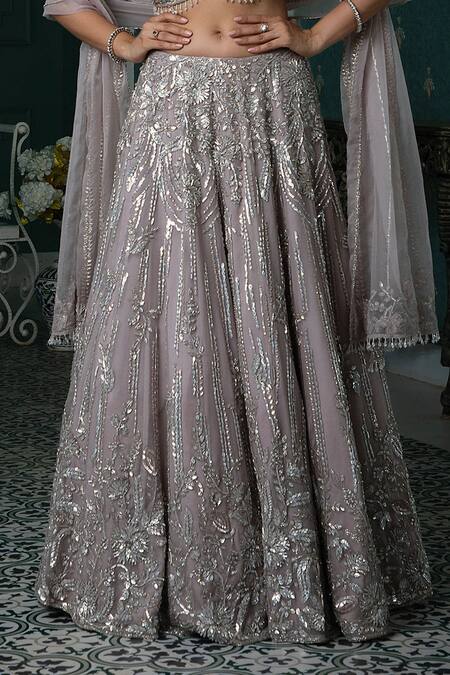 Shop_Jiya by Veer Design Studio_Grey Organza Crystals, Sequins, Cut Work Floral Embroidered Bridal Lehenga Set _Online_at_Aza_Fashions