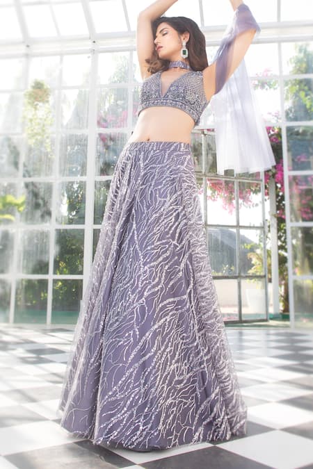 Shop Jiya by Veer Design Studio Grey Net Sequins V-neck And Bead Embroidered Lehenga Set at Aza Fashions Shop_Jiya by Veer Design Studio_Grey Net Sequins V-neck And Bead Embroidered Lehenga Set _at_Aza_Fashions