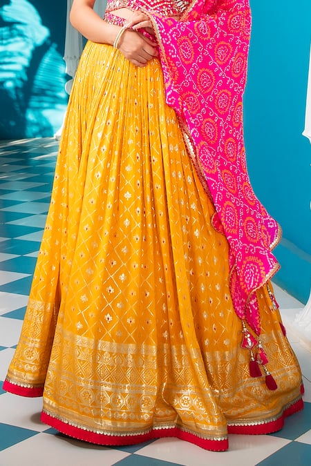 Shop_Jiya By Veer Design Studio_Yellow Brocade Sequins, Embroidery Round Neck Banarasi Lehenga Set _at_Aza_Fashions