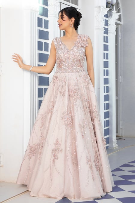 Shop Jiya by Veer Design Studio Peach Net Embroidery V-neck Floral Gown at Aza Fashions Shop_Jiya by Veer Design Studio_Peach Net Embroidery V-neck Floral Gown _at_Aza_Fashions