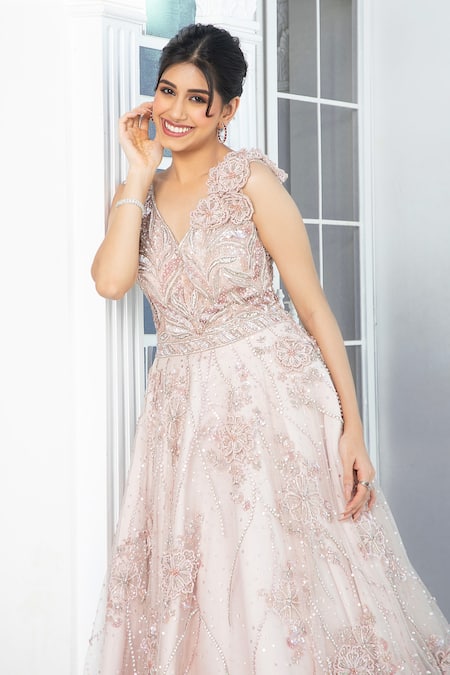 Buy Jiya by Veer Design Studio Peach Net Embroidery V-neck Floral Gown Online at Aza Fashions Buy_Jiya by Veer Design Studio_Peach Net Embroidery V-neck Floral Gown _Online_at_Aza_Fashions