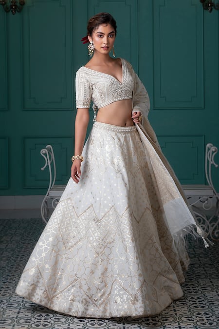 Shop Jiya by Veer Design Studio Gold Tissue, Chanderi Zari, Embroidery Panelled Bridal Lehenga And Blouse Set at Aza Fashions Shop_Jiya by Veer Design Studio_Gold Tissue, Chanderi Zari, Embroidery Panelled Bridal Lehenga And Blouse Set _at_Aza_Fashions