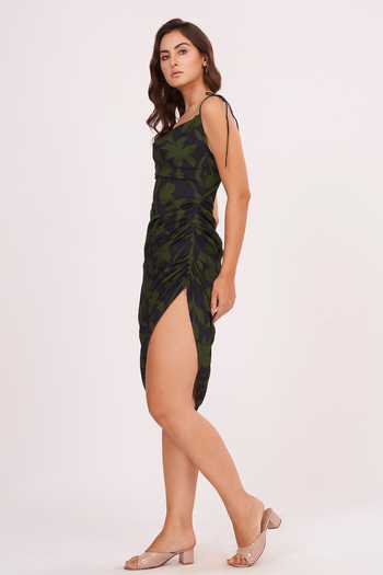 House Of Varada_Black Muslin V-neck Abstract Print Dress _at_Aza_Fashions