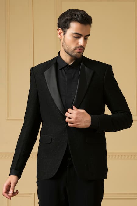 Hilo Design_Black Shimmer Finish Lapel Collar Blazer And Trouser Set _Online_at_Aza_Fashions
