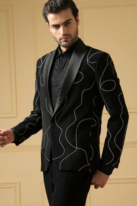 Shop_Hilo Design_Black Chanderi Embroidery Tweed Single-button Blazer And Trouser Set _Online_at_Aza_Fashions