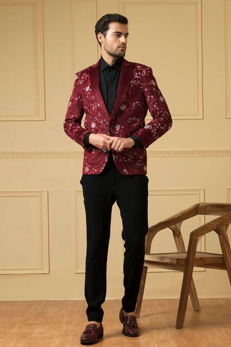 Hilo Design_Maroon Velvet Embroidery Maravilla Blazer And Trouser Set _Online_at_Aza_Fashions