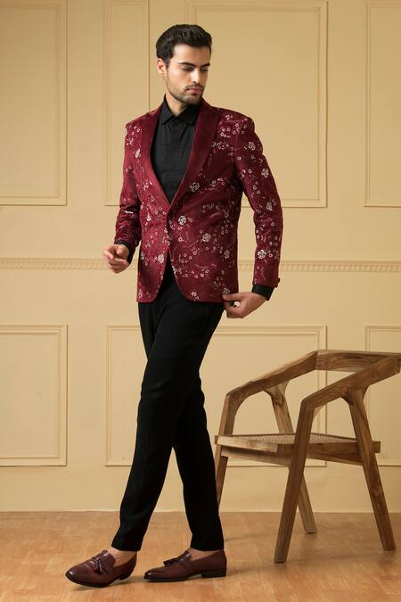Buy_Hilo Design_Maroon Velvet Embroidery Maravilla Blazer And Trouser Set _Online_at_Aza_Fashions