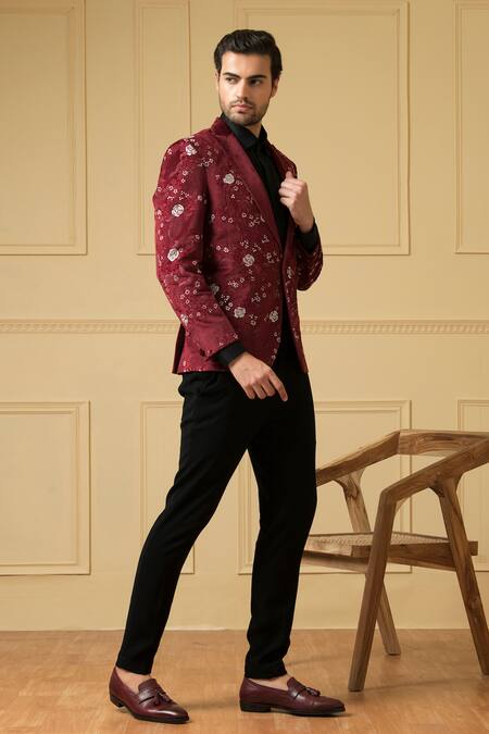Shop_Hilo Design_Maroon Velvet Embroidery Maravilla Blazer And Trouser Set _Online_at_Aza_Fashions
