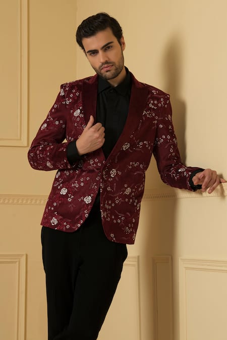 Hilo Design_Maroon Velvet Embroidery Maravilla Blazer And Trouser Set _at_Aza_Fashions