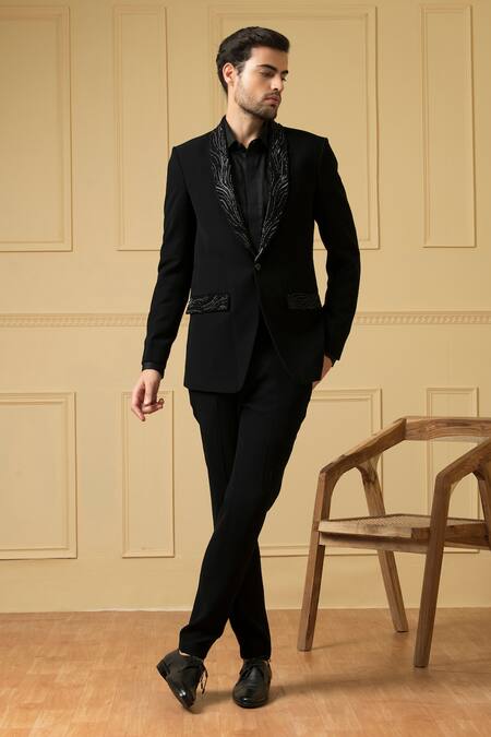 Buy_Hilo Design_Black Cotton Embroidery Carmen Single-button Blazer And Trouser Set _Online_at_Aza_Fashions