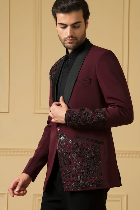 Hilo Design - Maroon Italian Ethnic Fabric Embroidered Radiante Blazer And  Trouser Set For Men