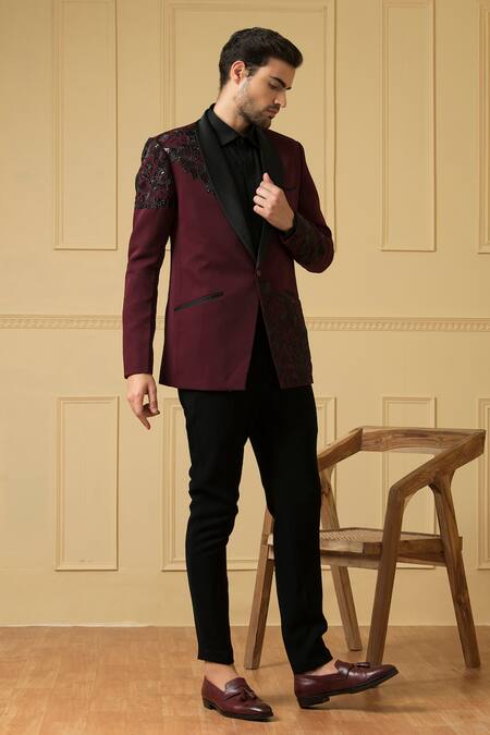 Shop_Hilo Design_Maroon Cotton Beads Radiante Embroidered Blazer And Trouser Set _Online_at_Aza_Fashions