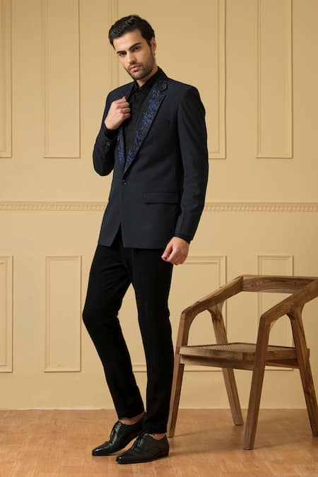 Hilo Design_Blue Polyester, Cotton Embroidery Brisa Collar Floral Print Blazer And Trouser Set _Online_at_Aza_Fashions