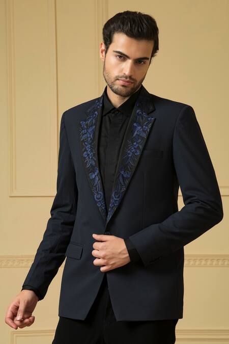 Buy_Hilo Design_Blue Polyester, Cotton Embroidery Brisa Collar Floral Print Blazer And Trouser Set _Online_at_Aza_Fashions