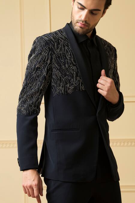 Hilo Design_Black Cotton Beads Brillante Embroidered Blazer And Trouser Set _Online_at_Aza_Fashions