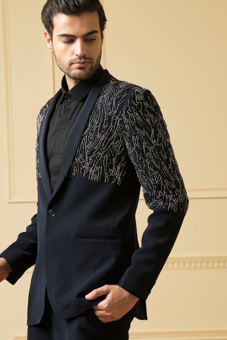 Buy_Hilo Design_Black Cotton Beads Brillante Embroidered Blazer And Trouser Set _Online_at_Aza_Fashions