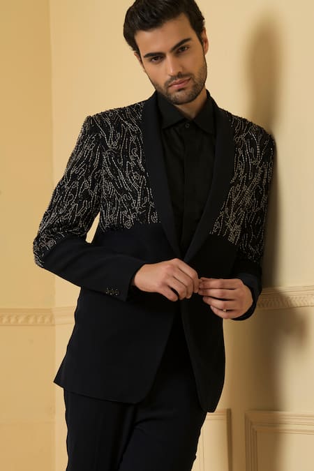 Shop_Hilo Design_Black Cotton Beads Brillante Embroidered Blazer And Trouser Set _Online_at_Aza_Fashions