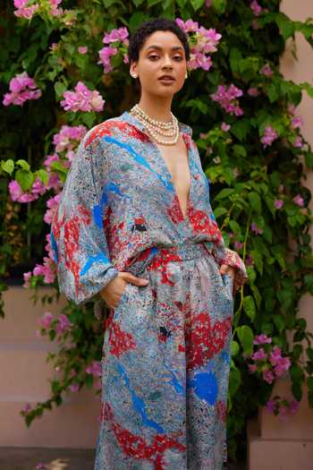 Buy_Nouria By Dipti Advait_Multi Color Cdc Printed Kera Band Collar Dawn Shirt And Pant Set _Online_at_Aza_Fashions