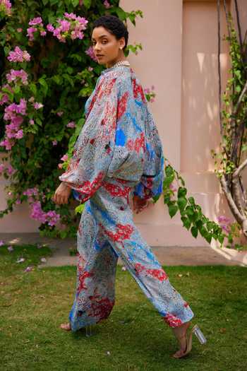 Shop_Nouria By Dipti Advait_Multi Color Cdc Printed Kera Band Collar Dawn Shirt And Pant Set _Online_at_Aza_Fashions