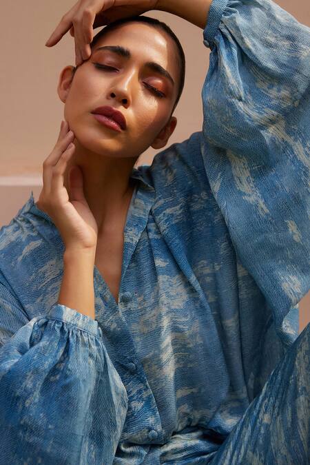 Nouria By Dipti Advait_Blue Cdc Printed Deni Band Collar Dawn Shirt _Online_at_Aza_Fashions