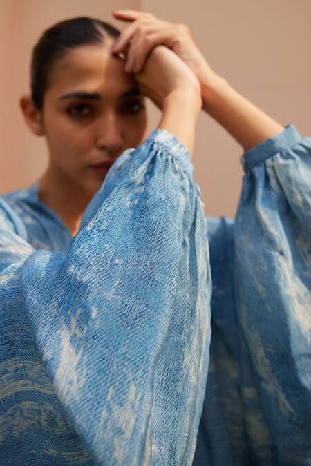 Buy_Nouria By Dipti Advait_Blue Cdc Printed Deni Band Collar Dawn Shirt _Online_at_Aza_Fashions