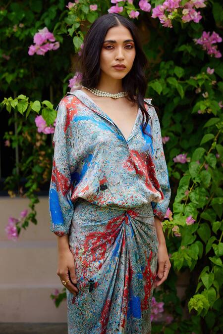 Nouria By Dipti Advait_Multi Color Bamberg Cotton Satin Printed Kera Anna Wrap Dress _Online_at_Aza_Fashions