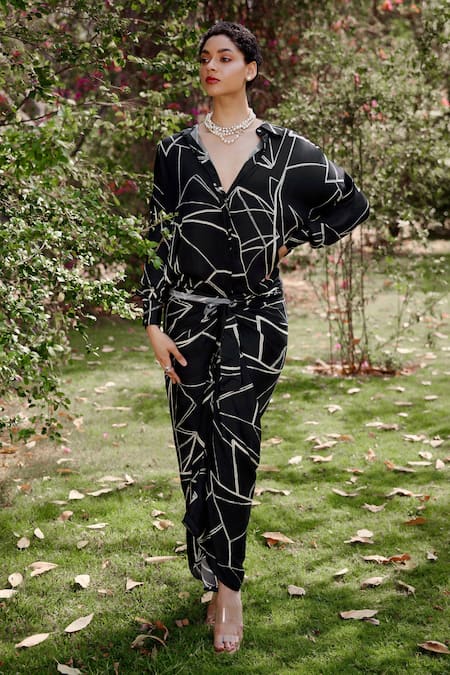 Nouria by Dipti Advait Black Bamberg Cotton Satin Printed Bgeo Spread Anna Wrap Dress  