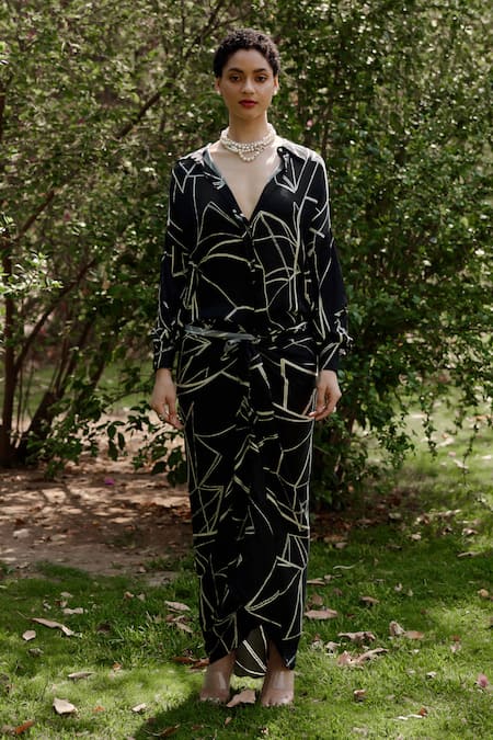Nouria By Dipti Advait_Black Cotton Satin Embroidery Collared Anna Bgeo Print Wrap Dress _Online_at_Aza_Fashions