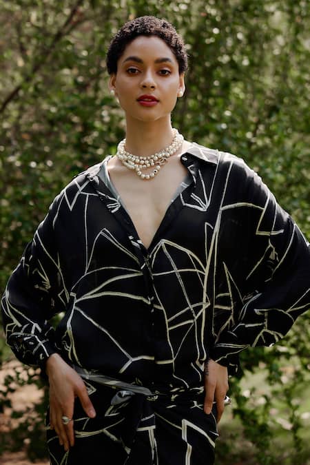 Buy_Nouria By Dipti Advait_Black Cotton Satin Embroidery Collared Anna Bgeo Print Wrap Dress _Online_at_Aza_Fashions