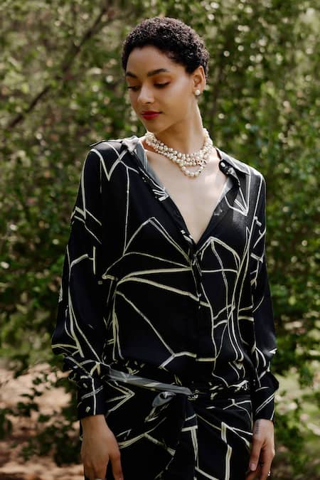 Shop_Nouria By Dipti Advait_Black Cotton Satin Embroidery Collared Anna Bgeo Print Wrap Dress _Online_at_Aza_Fashions