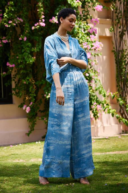 Nouria By Dipti Advait_Blue Cdc Deni Print Band Collar Flared Jumpsuit_Online_at_Aza_Fashions