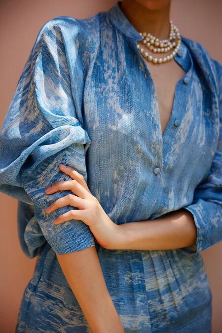 Nouria By Dipti Advait_Blue Cdc Deni Print Band Collar Flared Jumpsuit_at_Aza_Fashions