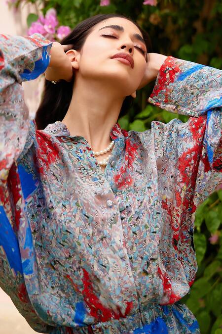 Nouria By Dipti Advait_Multi Color Cdc Printed Kera Band Collar Kimono Sleeve Playsuit _Online_at_Aza_Fashions