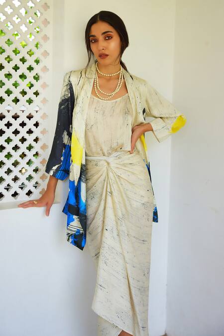 Shop_Nouria By Dipti Advait_Blue Cotton Satin, Bamboo Round Eka Abstract Print Overlay And Draped Dress Set_Online_at_Aza_Fashions