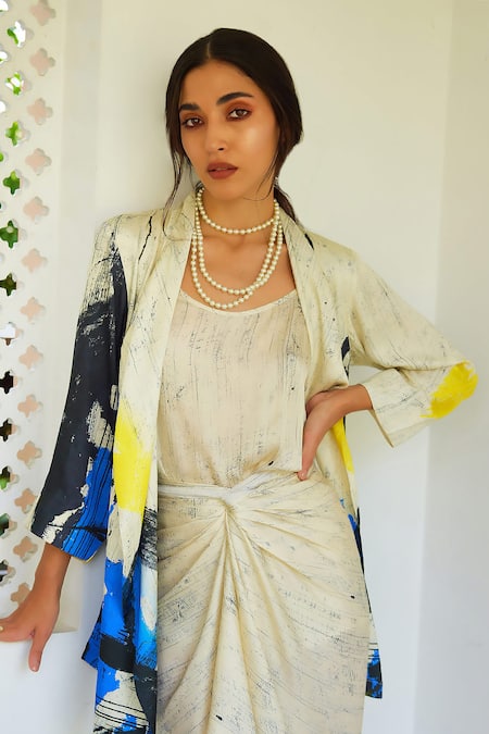 Nouria By Dipti Advait_Blue Cotton Satin, Bamboo Round Eka Abstract Print Overlay And Draped Dress Set_at_Aza_Fashions