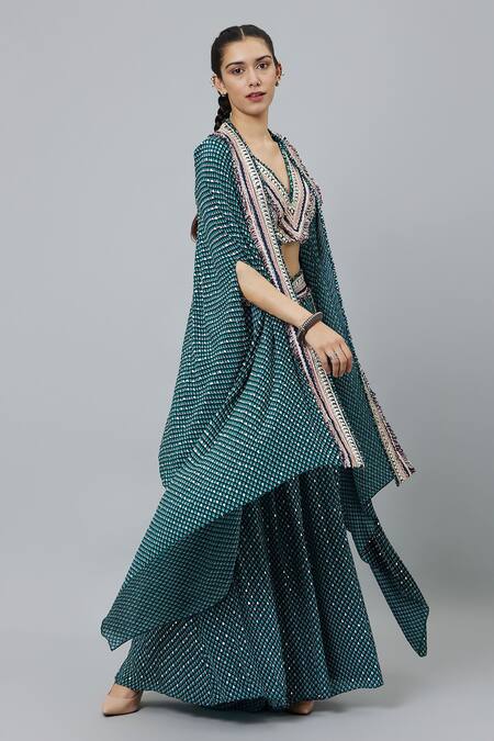 Buy_Sva By Sonam & Paras Modi_Blue Silk Printed Butti V Neck Highlighted Cape And Box Pleat Pant Set_Online_at_Aza_Fashions