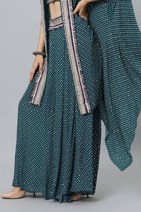 Buy_Sva By Sonam & Paras Modi_Blue Silk Printed Butti V Neck Highlighted Cape And Box Pleat Pant Set