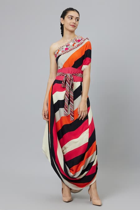 SVA by Sonam & Paras Modi Sahar Stripe Print One Shoulder Cowl Dress With Belt 